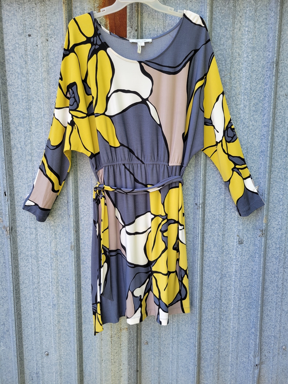 Max & Cleo Yellow, Gray & Cream Floral Belted Mini Dress